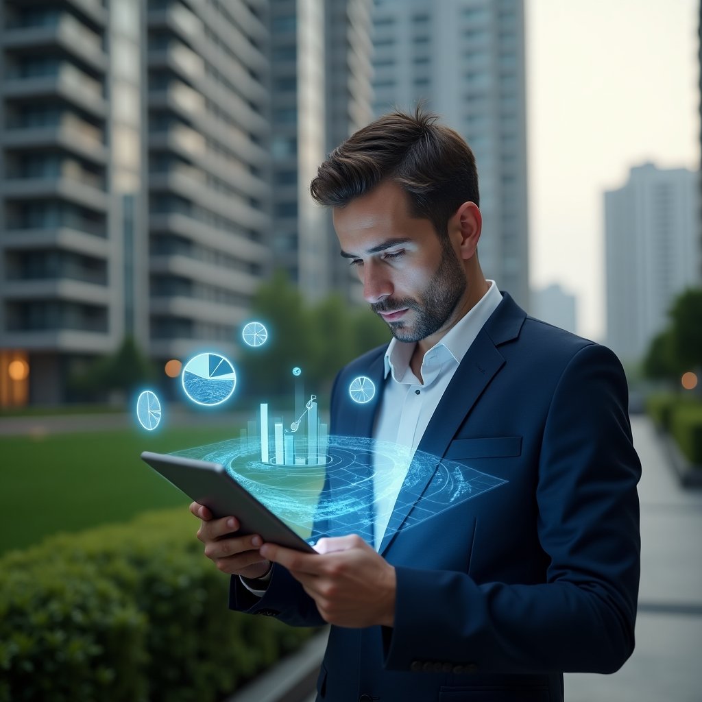 (Ultra-realistic condominium manager in a tailored navy suit, set in a modern luxury condominium environment with high-rise buildings and manicured greenery, analyzing financial data on a holographic tablet displaying budget charts and expense graphs, floating holographic currency and pie-chart icons surrounding them, confident and focused expression, cinematic lighting, shallow depth of field, highly detailed textures, realistic skin, photographic realism, 8k resolution --ar 1:1 --v 6)