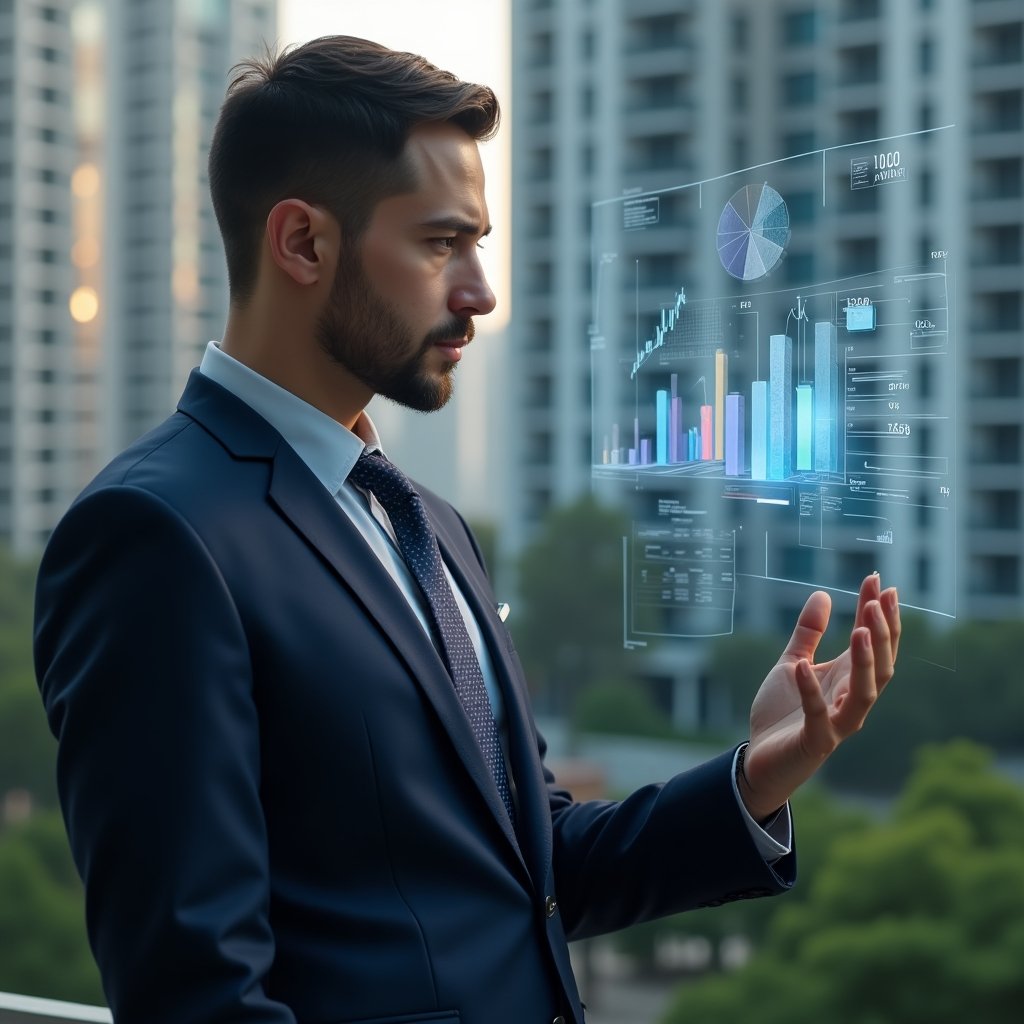 Ultra-realistic condominium manager in a dark blue suit, set in a modern luxury condominium environment with high-rise buildings and green landscaping, analyzing a holographic budget chart with floating pie charts and currency icons, confident and focused expression, cinematic lighting, shallow depth of field, highly detailed textures, realistic skin, photographic realism, 8k resolution --ar 1:1 --v 6