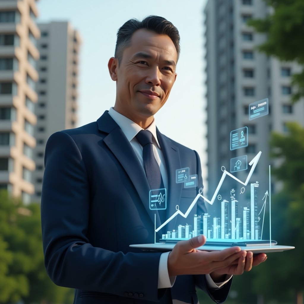 (Ultra-realistic condominium manager in a navy suit, set in a modern luxury condominium environment with high-rise buildings and lush green landscaping, medium shot showing them holding a transparent holographic financial chart with upward and downward graphs representing cost control, looking confident and focused, additional floating icons of cleaning supplies, payroll sheets, and maintenance tools around the chart, cinematic lighting, shallow depth of field, highly detailed textures, realistic skin, photographic realism, 8k resolution --ar 1:1 --v 6)