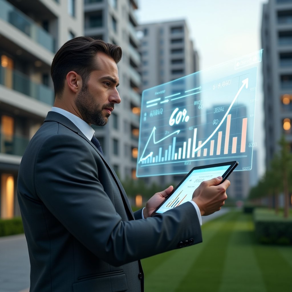 (Ultra-realistic property manager in a charcoal gray suit, set in a modern luxury condominium environment with high-rise buildings and manicured green landscaping, holding a digital tablet while examining holographic cost-reduction charts and downward-arrow graphs symbolizing expense control, expression confident and focused, cinematic lighting, shallow depth of field, highly detailed textures, realistic skin, photographic realism, 8k resolution --ar 1:1 --v 6)
