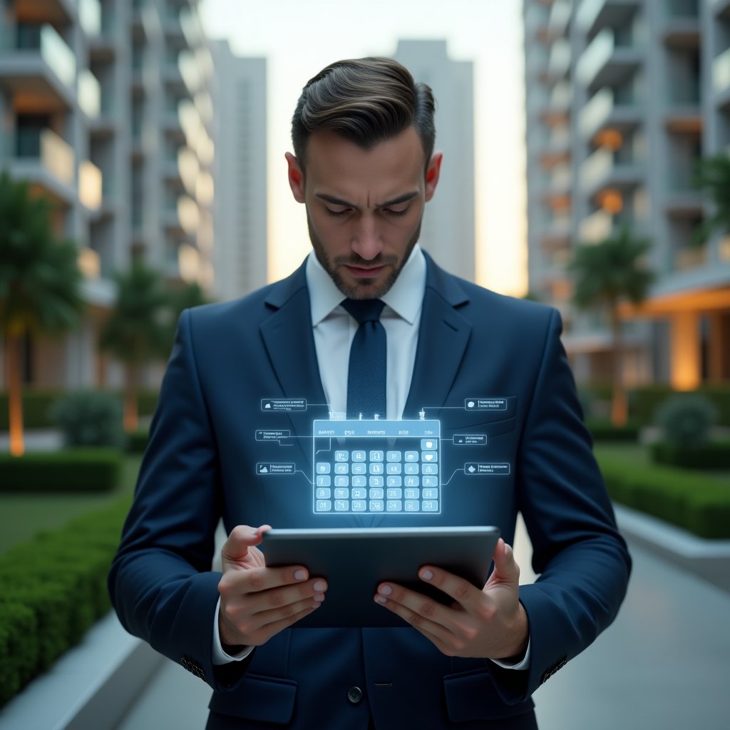 Ultra-realistic condominium manager in a navy blue suit, set in a modern luxury condominium environment with high-rise buildings and manicured green gardens, holding a digital tablet displaying a holographic calendar with warning icons, focused and analytical expression, floating translucent task icons around them symbolizing scheduling and deadlines, cinematic lighting, shallow depth of field, highly detailed textures, realistic skin, photographic realism, 8k resolution --ar 1:1 --v 6