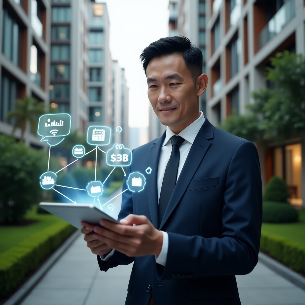 Ultra-realistic condominium manager in a tailored navy suit, set in a modern luxury condominium environment with high-rise buildings and manicured green landscaping, holding a transparent tablet projecting floating holographic icons of communication bubbles, financial charts, calendar and reservation symbols, confident expression, cinematic lighting, shallow depth of field, highly detailed textures, realistic skin, photographic realism, 8k resolution --ar 1:1 --v 6