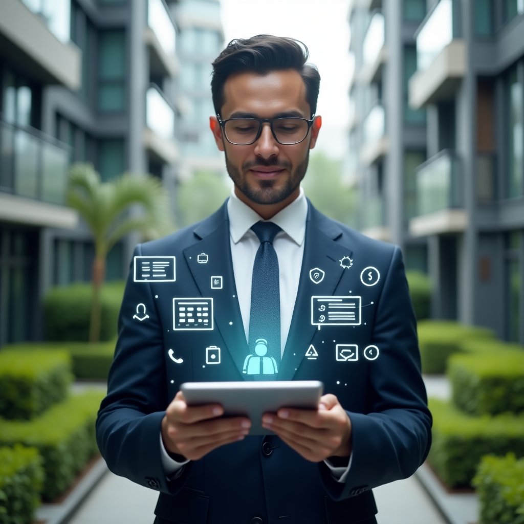 (Ultra-realistic condominium manager in a tailored navy suit, set in a modern luxury condominium environment with high-rise buildings and manicured green landscaping, holding a sleek tablet and interacting with floating holographic icons representing financial reports, space reservations, maintenance tickets, access control and chat notifications, confident and focused expression, cinematic lighting, shallow depth of field, highly detailed textures, realistic skin, photographic realism, 8k resolution --ar 1:1 --v 6)