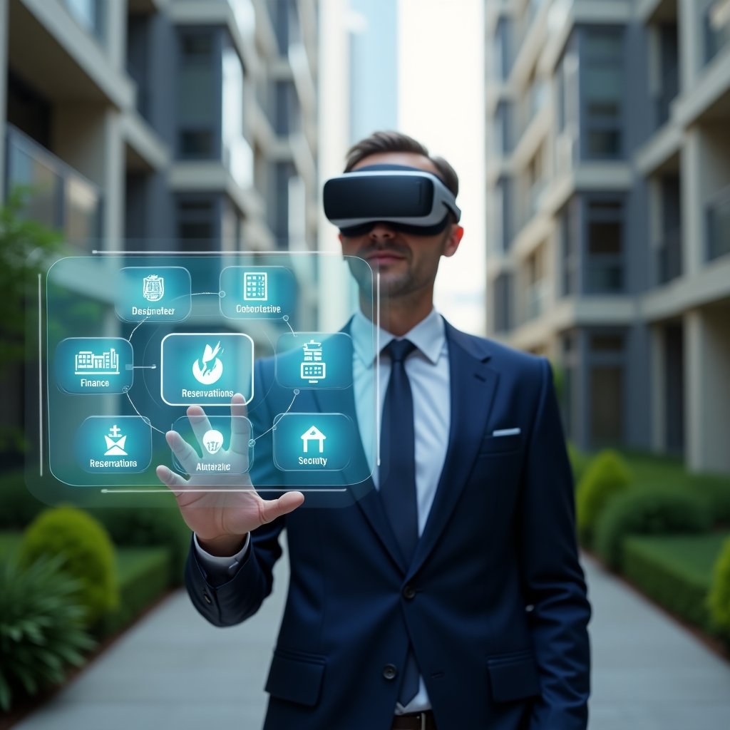 (Ultra-realistic condominium manager in a navy executive suit, set in a modern luxury condominium environment with high-rise buildings and manicured green landscaping, confidently interacting with a floating holographic dashboard displaying icons for finance, calendar reservations, security alerts and communication, cinematic lighting, shallow depth of field, highly detailed textures, realistic skin, photographic realism, 8k resolution --ar 1:1 --v 6)