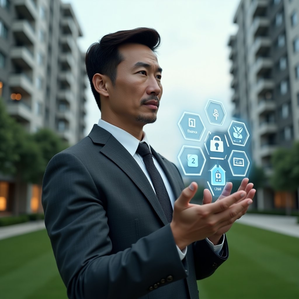 Ultra-realistic condominium manager in a charcoal gray executive suit, set in a modern luxury condominium environment with high-rise buildings and manicured green lawns, interacting with a floating holographic interface displaying icons for finance, calendar, chat and security, confident expression, cinematic lighting, shallow depth of field, highly detailed textures, realistic skin, photographic realism, 8k resolution --ar 1:1 --v 6