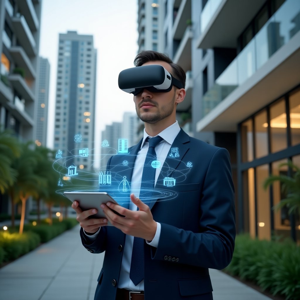(Ultra-realistic condominium manager in a dark blue tailored suit, set in a modern luxury condominium environment with high-rise buildings and lush green landscaping, holding a tablet displaying a holographic interface of condo management functions, gesturing confidently as floating icons for financial reports, space reservations, visitor access, and maintenance requests orbit around, cinematic lighting, shallow depth of field, highly detailed textures, realistic skin, photographic realism, 8k resolution --ar 1:1 --v 6)