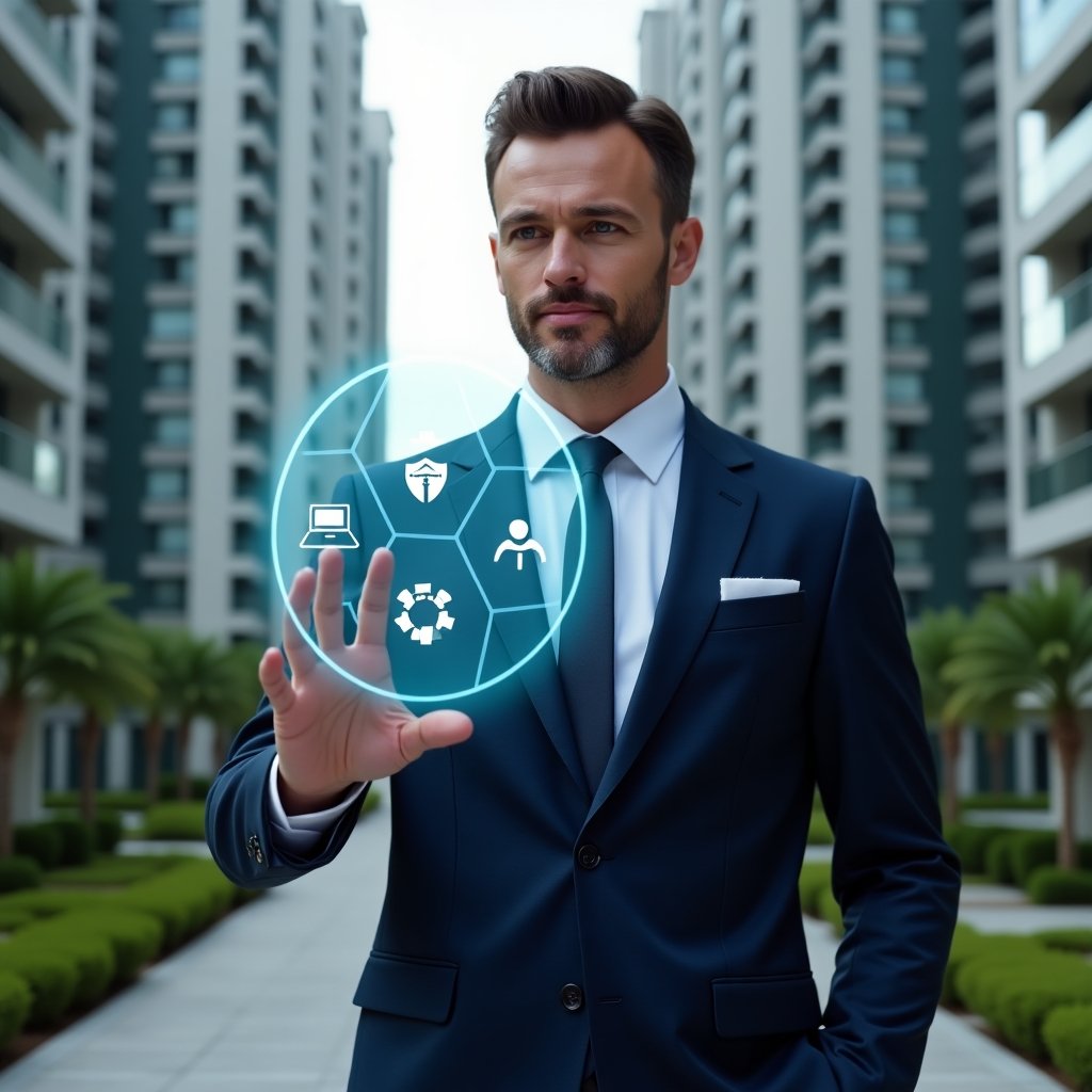 Ultra-realistic condo manager in a dark blue tailored suit, set in a modern luxury condominium environment with high-rise buildings and manicured green landscaping, mid-shot of a confident professional interacting with a transparent holographic interface displaying icons for finance, communication, and access control, cinematic lighting, shallow depth of field, highly detailed textures, realistic skin, photographic realism, 8k resolution --ar 1:1 --v 6