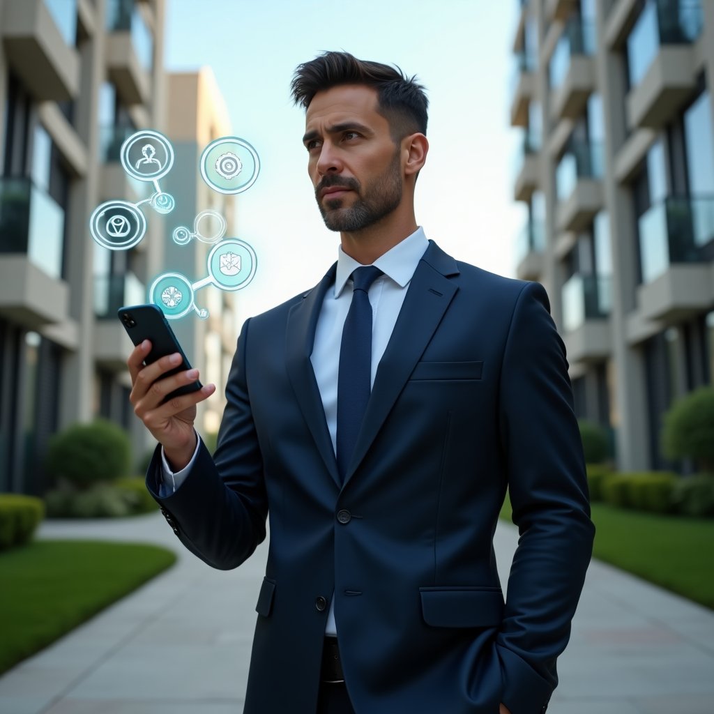 Ultra-realistic condominium manager in a tailored navy suit, set in a modern luxury condominium environment with high-rise buildings and manicured green landscaping, holding and interacting with floating holographic app interfaces displaying icons for visitor control, maintenance requests, and financial dashboards, confident expression, cinematic lighting, shallow depth of field, highly detailed textures, realistic skin, photographic realism, 8k resolution --ar 1:1 --v 6