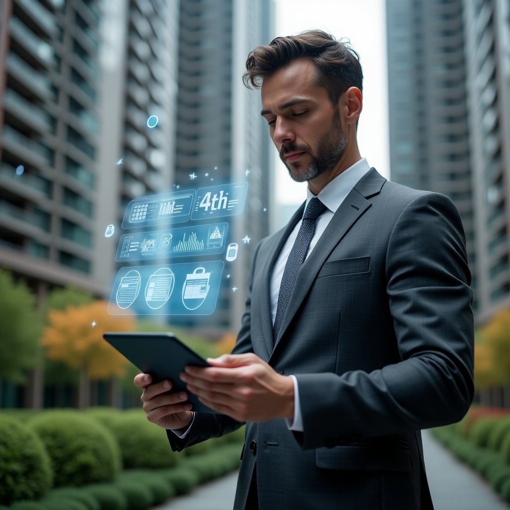 Ultra-realistic condominium manager in a charcoal gray executive suit, set in a modern luxury condominium environment with high-rise buildings and meticulously landscaped greenery, holding a tablet displaying floating holographic icons of financial charts, reservation calendars, and message alerts, confidently interacting with the interface, futuristic hologram elements representing 10 key app functions hovering around, cinematic lighting, shallow depth of field, highly detailed textures, realistic skin, photographic realism, 8k resolution --ar 1:1 --v 6
