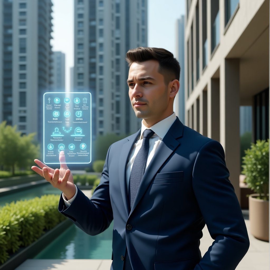Ultra-realistic condominium manager in a navy blue suit, set in a modern luxury condominium environment with high-rise buildings and manicured green gardens, interacting with a floating holographic interface showcasing icons for finance, messaging, reservations and security, confident and focused expression, cinematic lighting, shallow depth of field, highly detailed textures, realistic skin, photographic realism, 8k resolution --ar 1:1 --v 6