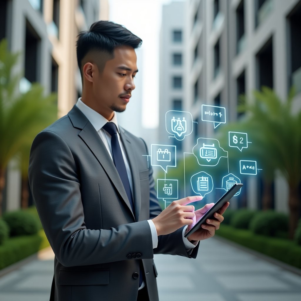 Ultra-realistic condominium manager in a tailored gray suit, set in a modern luxury condominium environment with high-rise buildings and lush green landscaping, holding a tablet with floating holographic icons representing financial charts, chat bubbles, calendar and reservation symbols, confidently tapping the screen to demonstrate key app features, cinematic lighting, shallow depth of field, highly detailed textures, realistic skin, photographic realism, 8k resolution --ar 1:1 --v 6