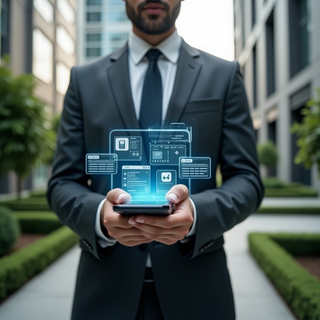 (Ultra-realistic condominium manager in a charcoal gray tailored suit, set in a modern luxury condominium environment with high-rise buildings and manicured green landscaping, holding a smartphone displaying a holographic dashboard of condo management functions—access control, digital invoices, booking calendar icons floating around, confidently tapping the screen, cinematic lighting, shallow depth of field, highly detailed textures, realistic skin, photographic realism, 8k resolution --ar 1:1 --v 6)