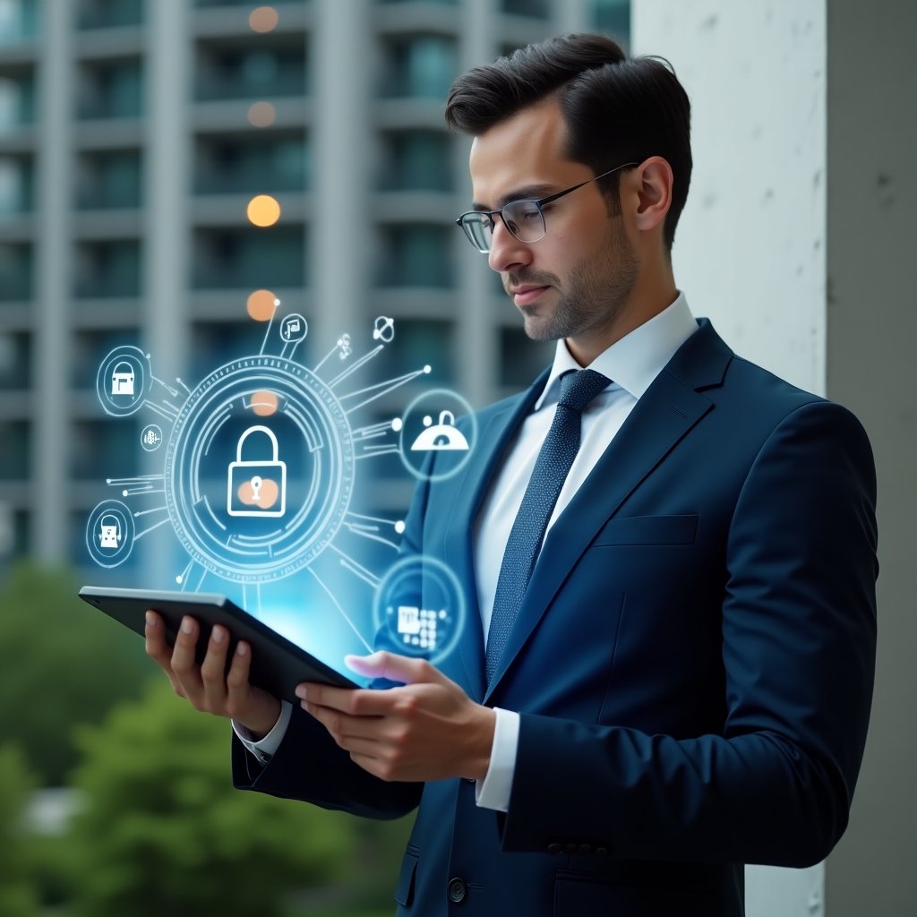 (Ultra-realistic condominium manager in a navy suit, set in a modern luxury condominium environment with high-rise buildings and green landscaping, reviewing holographic icons of access control, calendar reservations, financial charts and security lock symbols emerging from a tablet, confident expression, cinematic lighting, shallow depth of field, highly detailed textures, realistic skin, photographic realism, 8k resolution --ar 1:1 --v 6)