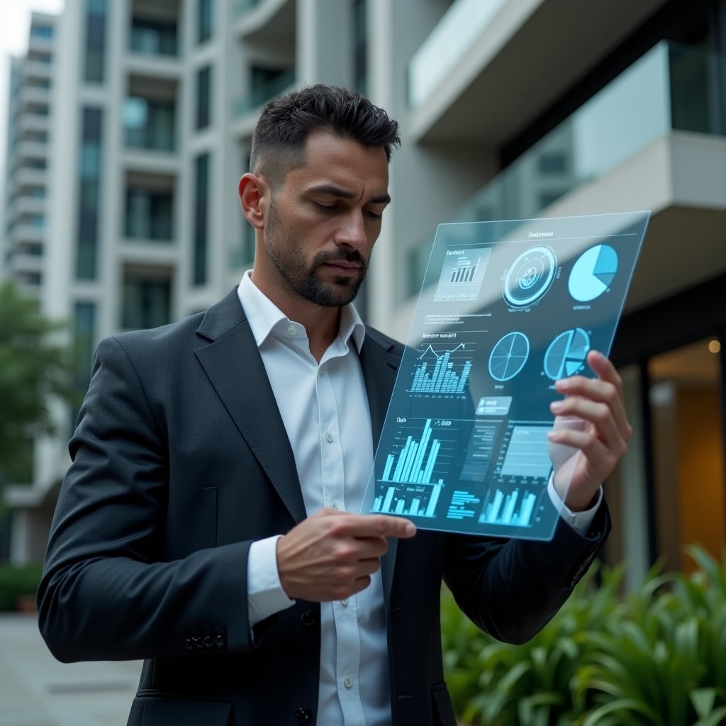 (Ultra-realistic condominium manager in a charcoal suit, set in a modern luxury condominium environment with high-rise buildings and manicured green landscaping, analyzing holographic financial charts floating before him, glowing pie charts and bar graphs representing key financial indicators, confident and focused expression, cinematic lighting, shallow depth of field, highly detailed textures, realistic skin, photographic realism, 8k resolution --ar 1:1 --v 6)