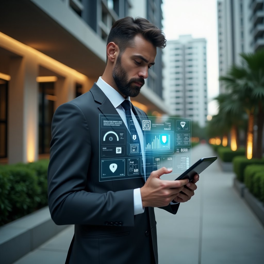 Ultra-realistic condominium manager in a sleek charcoal suit, set in a modern luxury condominium environment with high-rise buildings and meticulously landscaped greenery, holding a tablet displaying a holographic condominium management app interface with cost-reduction charts and security shield icons, confidently analyzing data, cinematic lighting, shallow depth of field, highly detailed textures, realistic skin, photographic realism, 8k resolution --ar 1:1 --v 6