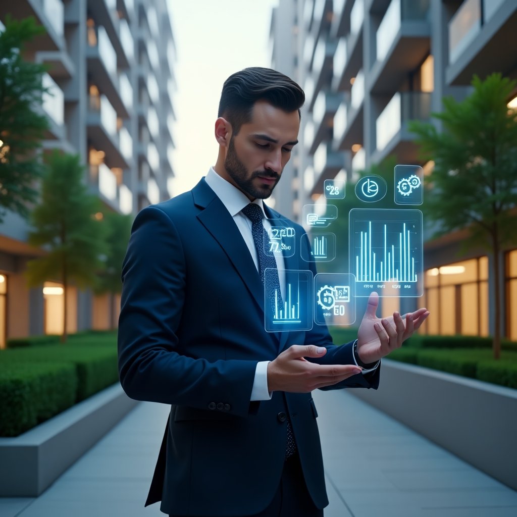 Ultra-realistic property manager in a tailored navy suit, set in a modern luxury condominium environment with high-rise buildings and manicured green landscaping, analyzing a floating holographic dashboard displaying automated processes, cost-reduction charts and glowing gear icons, confident and focused expression, cinematic lighting, shallow depth of field, highly detailed textures, realistic skin, photographic realism, 8k resolution --ar 1:1 --v 6