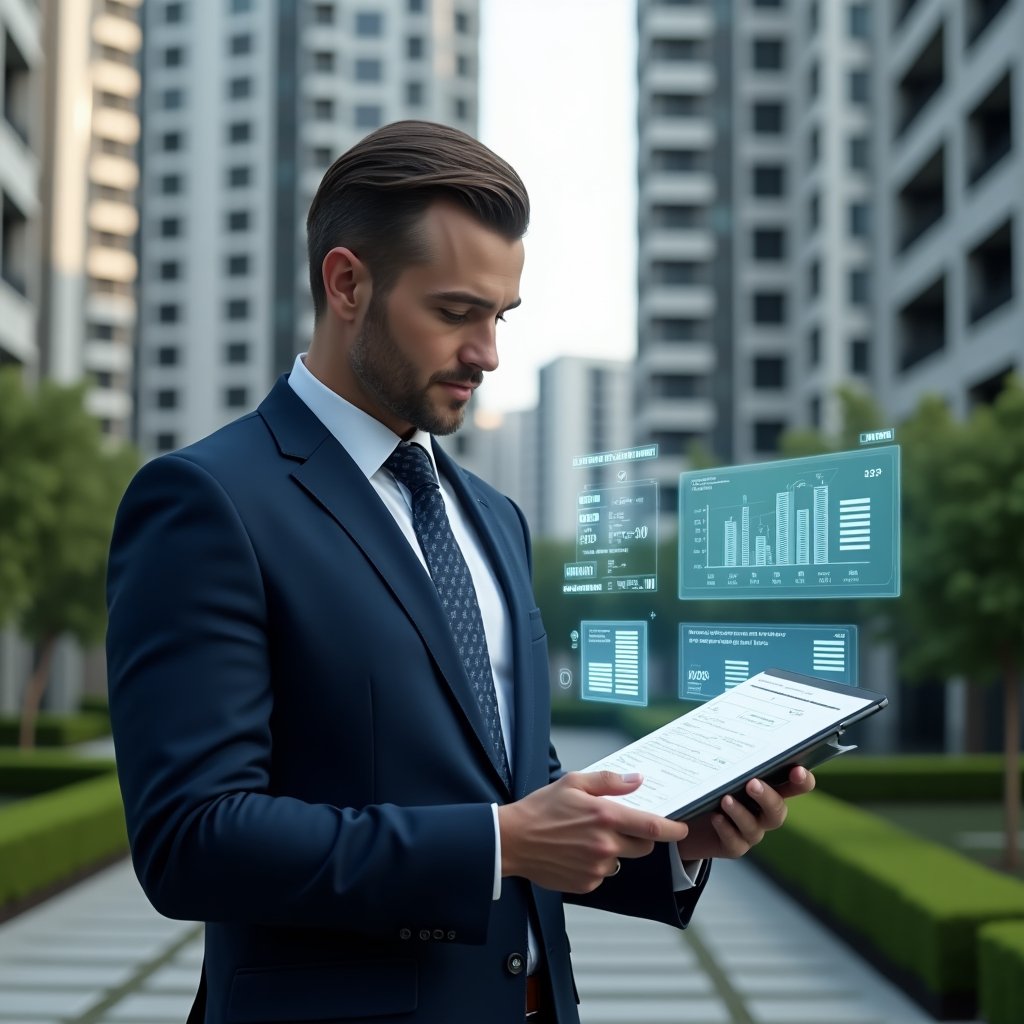 Ultra-realistic condominium manager in a dark blue executive suit, set in a modern luxury condominium environment with high-rise buildings and manicured green landscaping, reviewing floating holographic financial reports and charts with a confident, focused expression, holographic icons of balance sheets and audit checkmarks surrounding them, cinematic lighting, shallow depth of field, highly detailed textures, realistic skin, photographic realism, 8k resolution --ar 1:1 --v 6