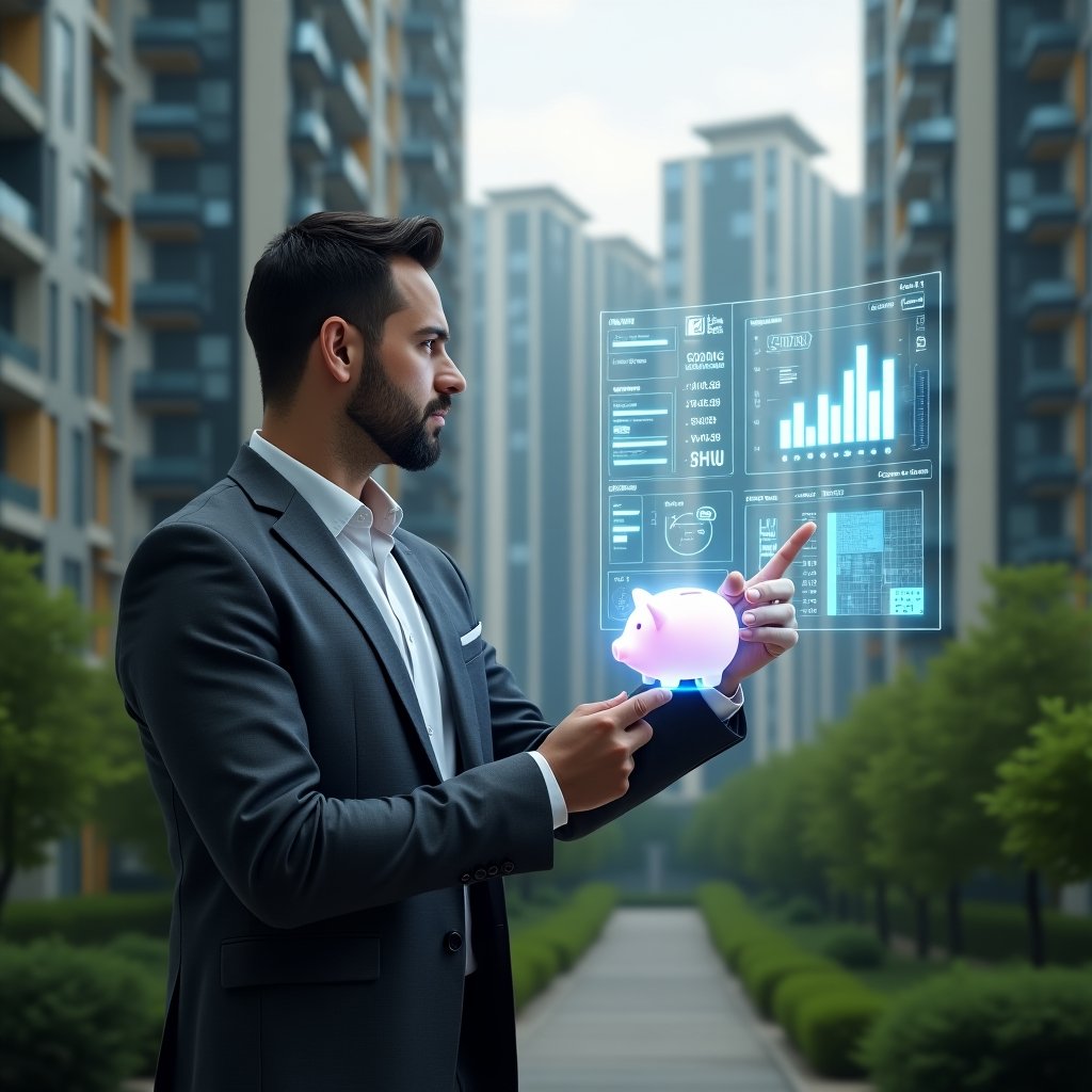 Ultra-realistic condominium manager in a charcoal gray executive suit, set in a modern luxury condominium environment with high-rise buildings and lush green landscaping, confidently pointing at a floating holographic financial dashboard displaying cost-cutting charts and budget analysis, a translucent piggy bank icon and digital interface elements glowing beside him, cinematic lighting, shallow depth of field, highly detailed textures, realistic skin, photographic realism, 8k resolution --ar 1:1 --v 6