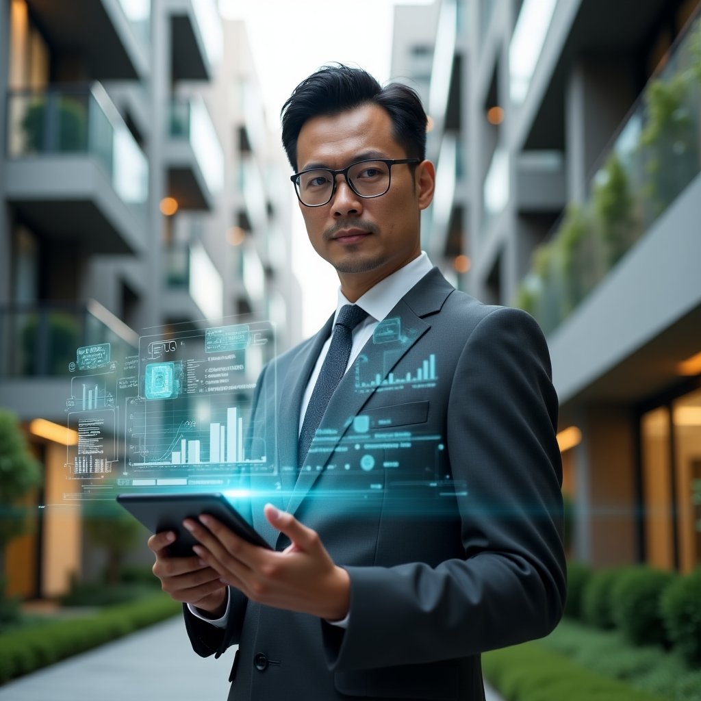 Ultra-realistic condominium manager in a charcoal gray suit, set in a modern luxury condominium environment with high-rise buildings and manicured green landscaping, holding a digital tablet displaying holographic financial charts and graphs, confident and focused expression, floating icons of balance sheets and transparent ledgers around them, cinematic lighting, shallow depth of field, highly detailed textures, realistic skin, photographic realism, 8k resolution --ar 1:1 --v 6