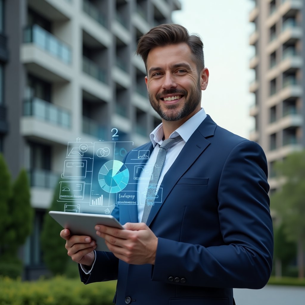 (Ultra-realistic condominium manager in a tailored navy blue suit, set in a modern luxury condominium environment with high-rise buildings and manicured gardens, mid-shot of a confident professional holding a tablet projecting a holographic pie chart and contract icons symbolizing budget planning and emergency reserves, cinematic lighting, shallow depth of field, highly detailed textures, realistic skin, photographic realism, 8k resolution --ar 1:1 --v 6)