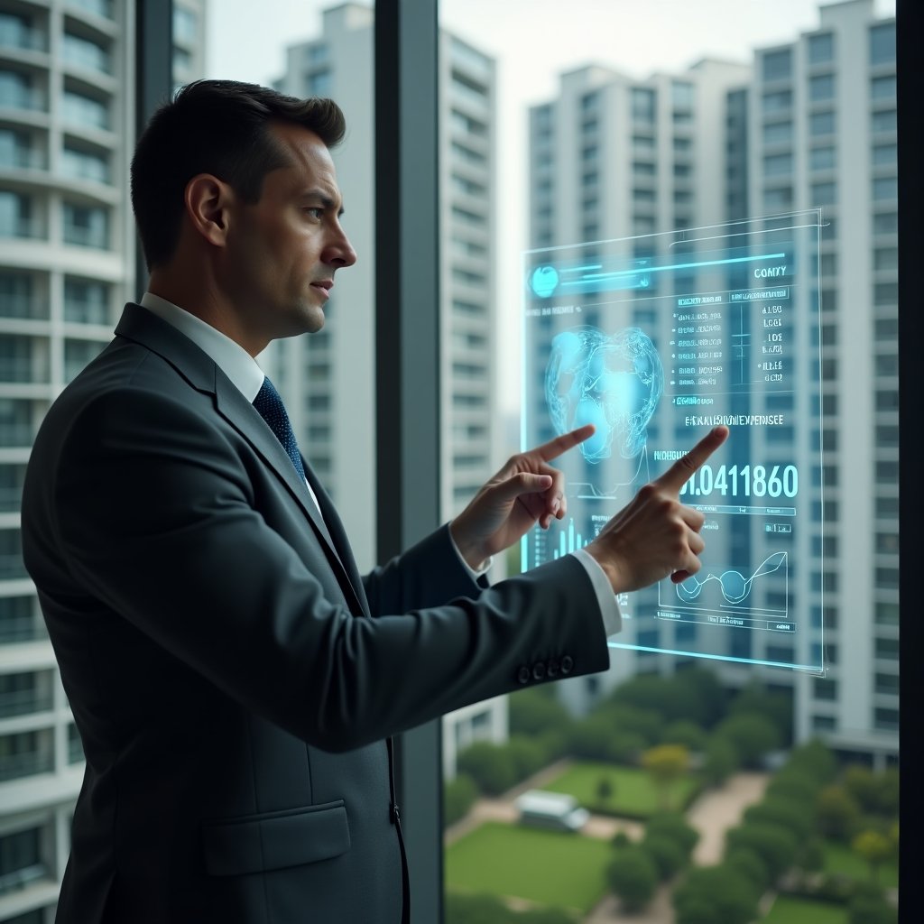 Ultra-realistic condominium manager in a charcoal gray suit, set in a modern luxury condominium environment with high-rise buildings and manicured green landscaping, reviewing a transparent holographic financial dashboard displaying pie charts and budget graphs, confidently pointing at a glowing “extraordinary expenses” segment, cinematic lighting, shallow depth of field, highly detailed textures, realistic skin, photographic realism, 8k resolution --ar 1:1 --v 6