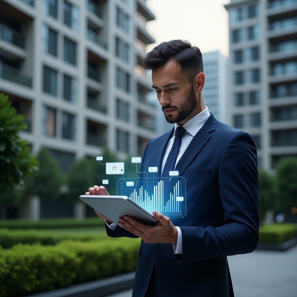 (Ultra-realistic condominium manager in a navy blue suit, set in a modern luxury condominium environment with high-rise buildings and manicured green landscaping, analyzing a digital tablet displaying holographic budget charts, confident and focused expression, floating holographic icons of graphs and coins symbolizing expense control, cinematic lighting, shallow depth of field, highly detailed textures, realistic skin, photographic realism, 8k resolution --ar 1:1 --v 6)