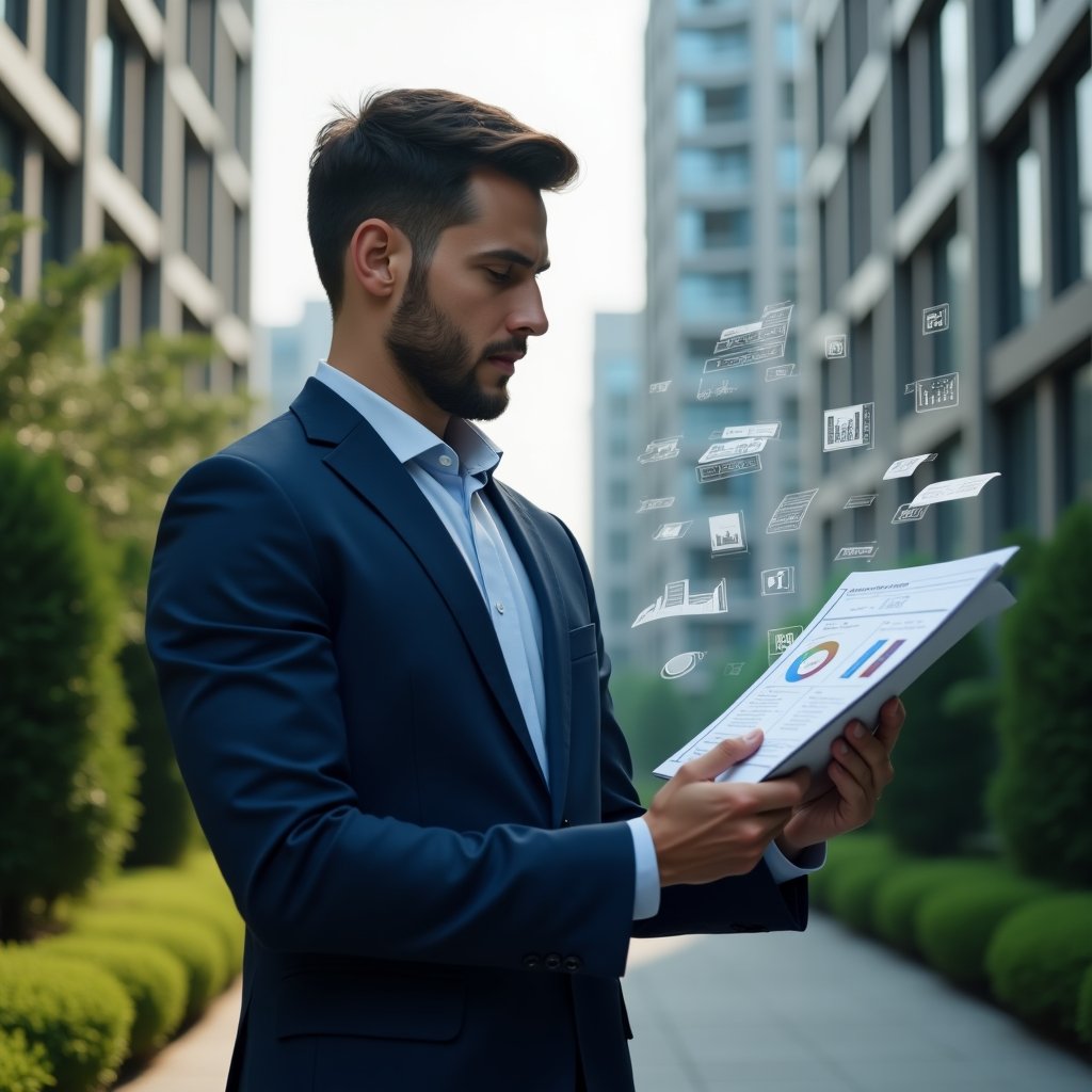 Ultra-realistic condominium manager in a navy blue suit, set in a modern luxury condominium environment with high-rise buildings and manicured green landscaping, medium shot of him reviewing floating holographic expense charts and icons of bills and graphs, confident and focused expression, cinematic lighting, shallow depth of field, highly detailed textures, realistic skin, photographic realism, 8k resolution --ar 1:1 --v 6