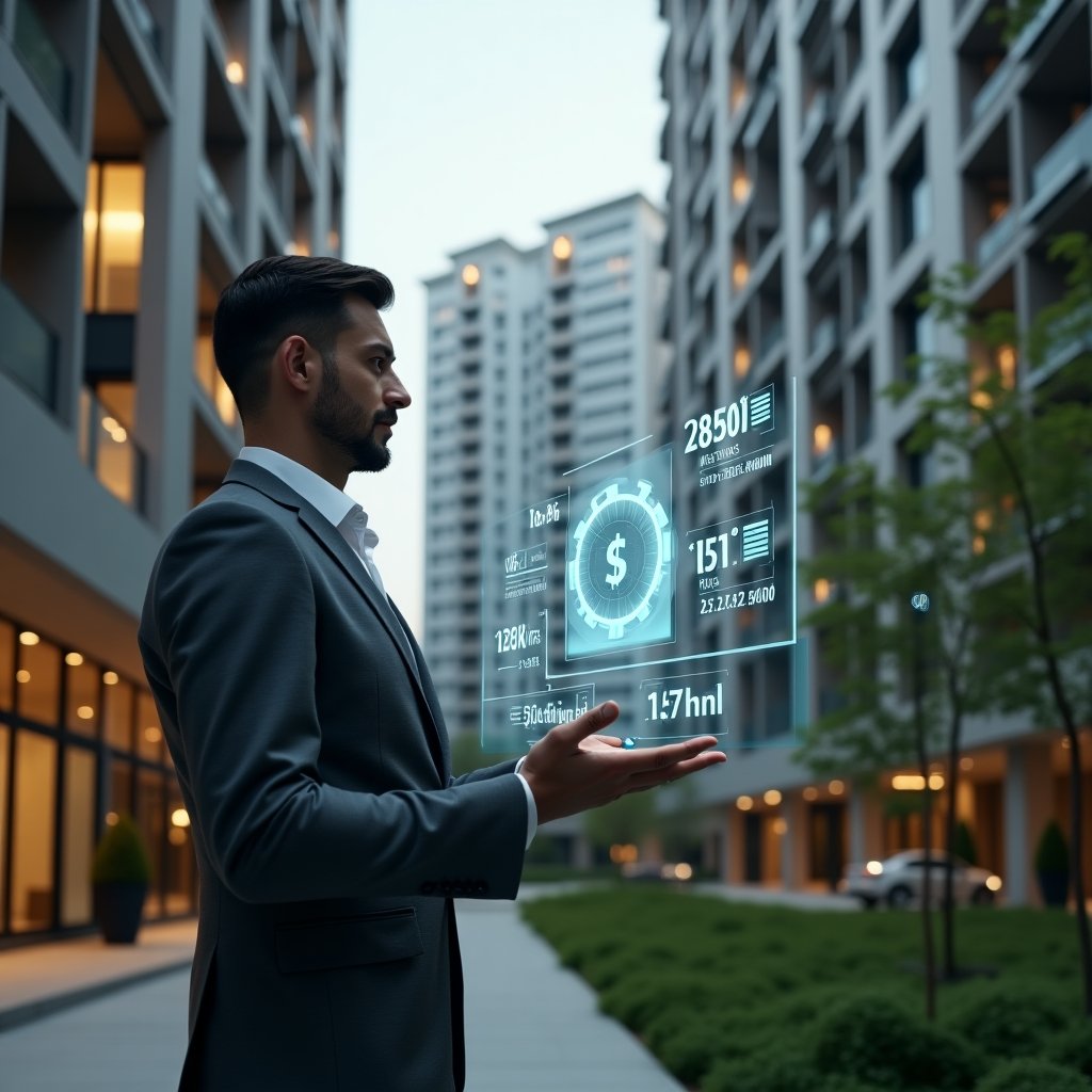 Ultra-realistic condominium manager in a charcoal gray suit, set in a modern luxury condominium environment with high-rise buildings and manicured green spaces, standing in a medium shot, confidently reviewing a holographic financial chart displaying cost reductions and efficiency metrics, a floating icon of a gear and dollar sign beside them, cinematic lighting, shallow depth of field, highly detailed textures, realistic skin, photographic realism, 8k resolution --ar 1:1 --v 6