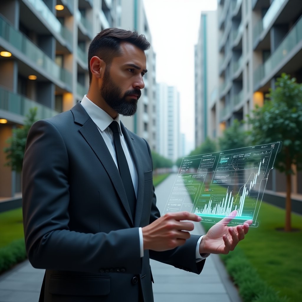 (Ultra-realistic condominium manager in a charcoal gray executive suit, set in a modern luxury condominium environment with high-rise buildings and manicured green landscaping, analyzing a floating holographic dashboard displaying financial and operational charts and indices, focused and confident expression, cinematic lighting, shallow depth of field, highly detailed textures, realistic skin, photographic realism, 8k resolution --ar 1:1 --v 6)