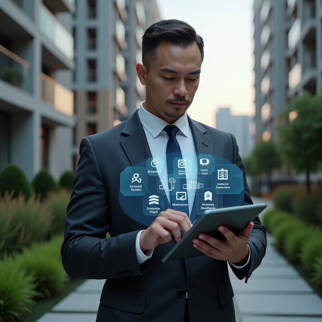 Ultra-realistic condominium manager in a dark gray executive suit, set in a modern luxury condominium environment with high-rise buildings and manicured green landscaping, holding a tablet displaying holographic icons for communication, finance, scheduling and maintenance, analyzing the digital dashboard with a confident, focused expression, holographic interface floating in front, cinematic lighting, shallow depth of field, highly detailed textures, realistic skin, photographic realism, 8k resolution --ar 1:1 --v 6
