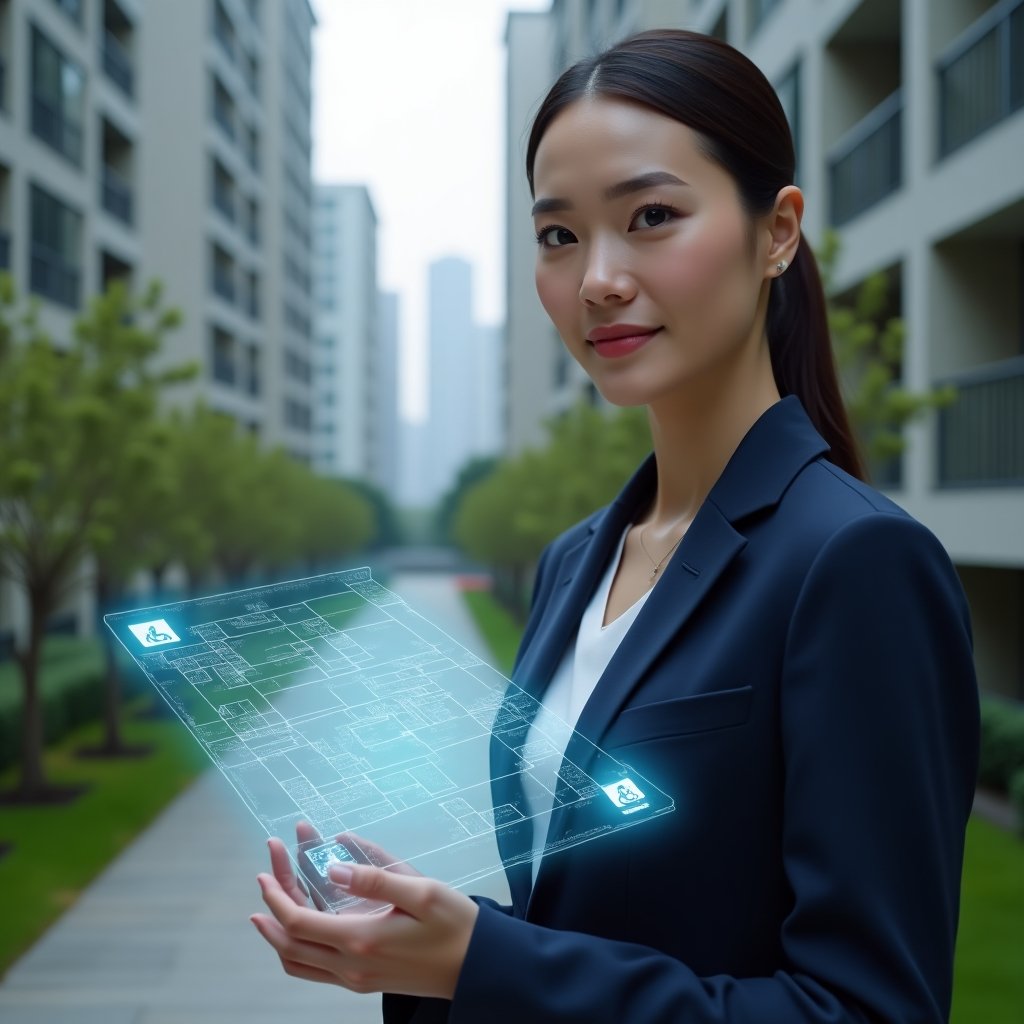 Ultra-realistic condominium manager in a tailored navy business suit, set in a modern luxury condominium environment with high-rise buildings and manicured greenery, holding a holographic tactile floor map highlighting accessible routes, a translucent wheelchair icon and braille signage floating beside them, confident and focused expression, cinematic lighting, shallow depth of field, highly detailed textures, realistic skin, photographic realism, 8k resolution --ar 1:1 --v 6