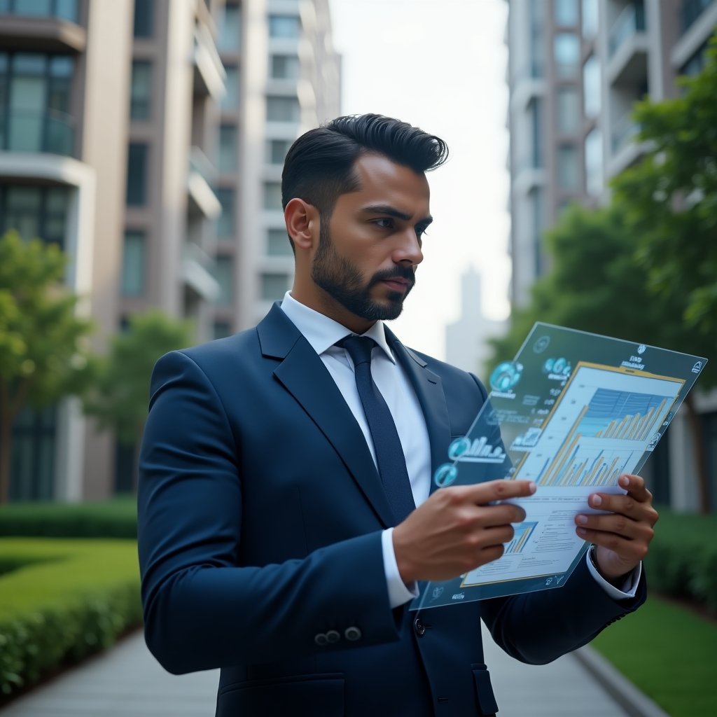 (Ultra-realistic condominium manager in a navy blue suit, set in a modern luxury condominium environment with high-rise buildings and meticulously landscaped greenery, reviewing financial reports on a transparent holographic screen with floating charts and graphs, confident and focused expression, cinematic lighting, shallow depth of field, highly detailed textures, realistic skin, photographic realism, 8k resolution --ar 1:1 --v 6)