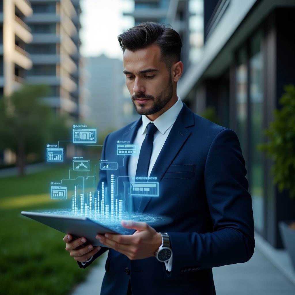 (Ultra-realistic condominium manager in a tailored navy-blue suit, set in a modern luxury condominium environment with high-rise buildings and lush green landscaping, mid-shot of a confident professional reviewing a holographic financial report hovering above a sleek tablet, transparent balance sheets and audit icons floating around, cinematic lighting, shallow depth of field, highly detailed textures, realistic skin, photographic realism, 8k resolution --ar 1:1 --v 6)
