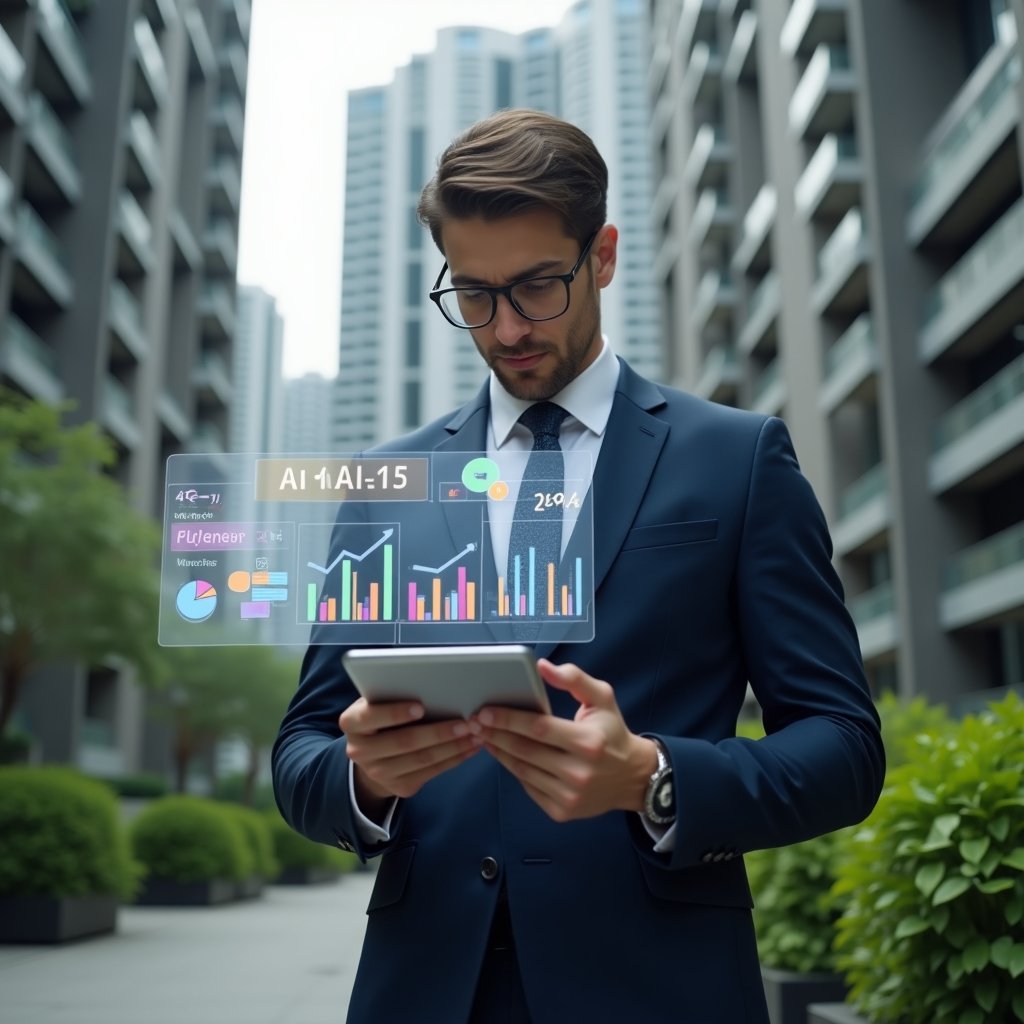 (Ultra-realistic condominium manager in a tailored navy suit, set in a modern luxury condominium environment with high-rise buildings and lush green landscaping, mid-shot reviewing a transparent digital financial report hologram with floating charts and graphs, holding a sleek tablet displaying colorful visual reports, confident and focused expression, holographic icons of bar charts and pie graphs hovering nearby, cinematic lighting, shallow depth of field, highly detailed textures, realistic skin, photographic realism, 8k resolution --ar 1:1 --v 6)