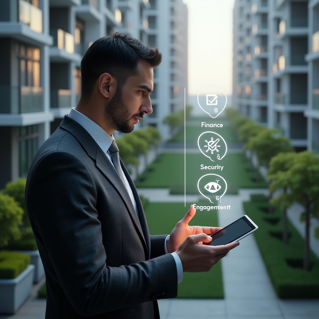 Ultra-realistic condominium manager in a dark gray suit, set in a modern luxury condominium environment with high-rise buildings and manicured green landscaping, analyzing a holographic checklist of five warning icons floating above a tablet, surrounded by holographic symbols for communication, finance, security, maintenance, and engagement, cinematic lighting, shallow depth of field, highly detailed textures, realistic skin, photographic realism, 8k resolution --ar 1:1 --v 6
