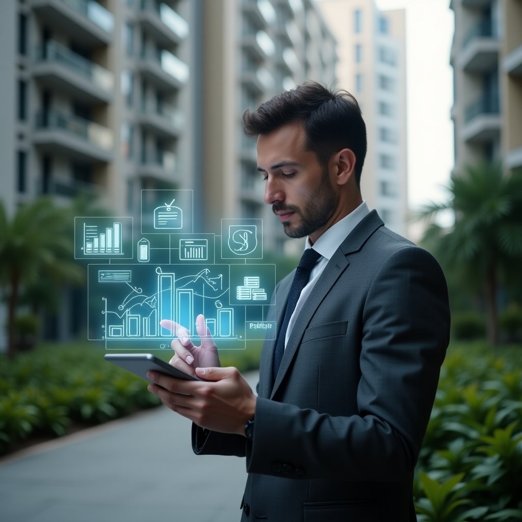 (Ultra-realistic condominium manager in a charcoal gray suit, set in a modern luxury condominium environment with high-rise buildings and lush green landscaping, holding a tablet displaying a holographic budget chart while pointing thoughtfully at floating expense graphs, holographic icons of documents and communication bubbles symbolizing planning and transparency, confident and analytical expression, cinematic lighting, shallow depth of field, highly detailed textures, realistic skin, photographic realism, 8k resolution --ar 1:1 --v 6)