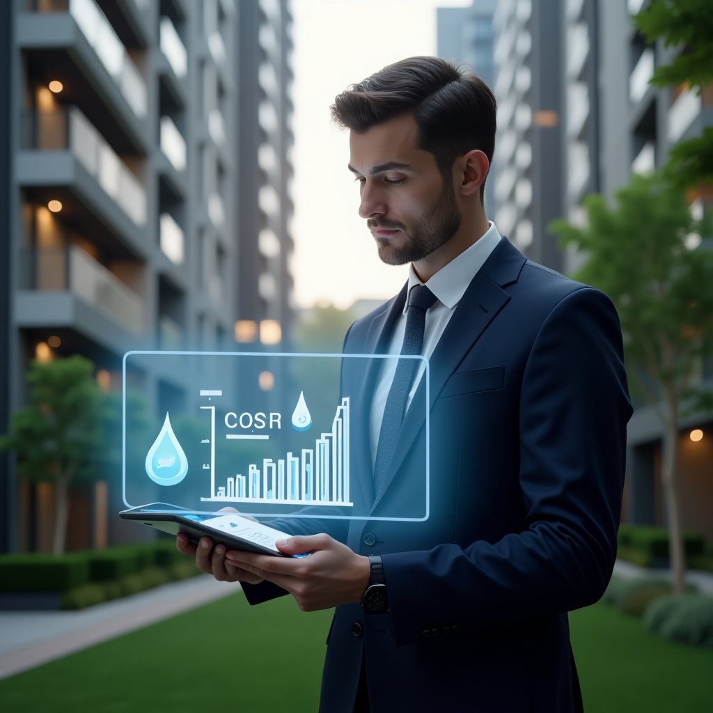 (Ultra-realistic condominium manager in a dark navy suit, set in a modern luxury condominium environment with high-rise buildings and lush green landscaping, analyzing a floating holographic cost-reduction chart with icons of LED bulbs and water drops, holding a digital tablet displaying expense graphs, confident and focused expression, cinematic lighting, shallow depth of field, highly detailed textures, realistic skin, photographic realism, 8k resolution --ar 1:1 --v 6)