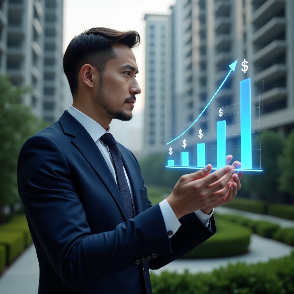(Ultra-realistic condominium manager in a tailored navy suit, set in a modern luxury condominium environment with high-rise buildings and meticulously landscaped greenery, analyzing a floating holographic cost-reduction chart with descending bars and dollar-sign icons, confident and focused expression, cinematic lighting, shallow depth of field, highly detailed textures, realistic skin, photographic realism, 8k resolution --ar 1:1 --v 6)