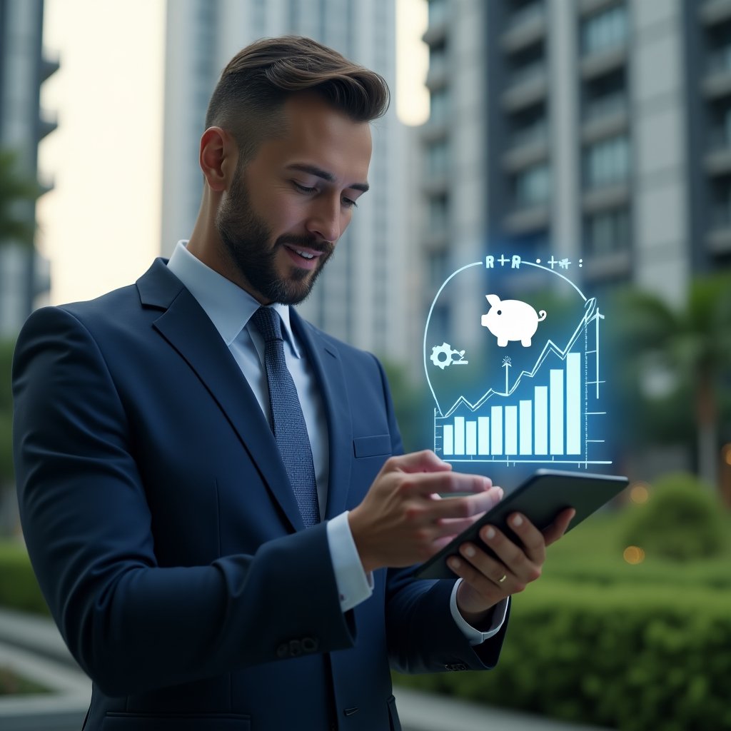 (Ultra-realistic condominium manager in a navy-blue executive suit, set in a modern luxury condominium environment with high-rise buildings and lush green landscaping, confidently examining a tablet displaying holographic budget charts, a floating piggy bank icon and repair tool symbols beside them, cinematic lighting, shallow depth of field, highly detailed textures, realistic skin, photographic realism, 8k resolution --ar 1:1 --v 6)