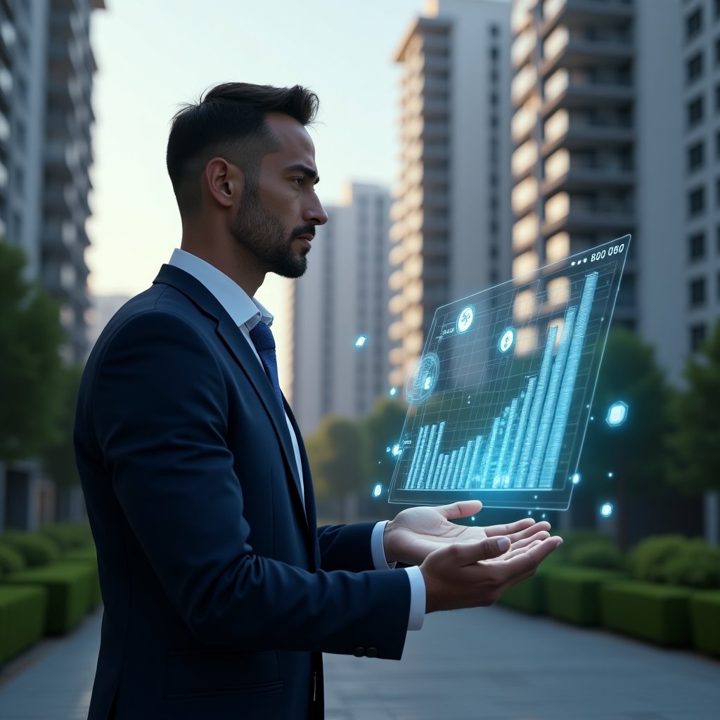 Ultra-realistic condominium manager in a dark blue executive suit, set in a modern luxury condominium environment with high-rise buildings and manicured green landscaping, reviewing a holographic budget chart of renovation costs with a confident, thoughtful expression, floating icons of cost savings and blueprints around them, cinematic lighting, shallow depth of field, highly detailed textures, realistic skin, photographic realism, 8k resolution --ar 1:1 --v 6