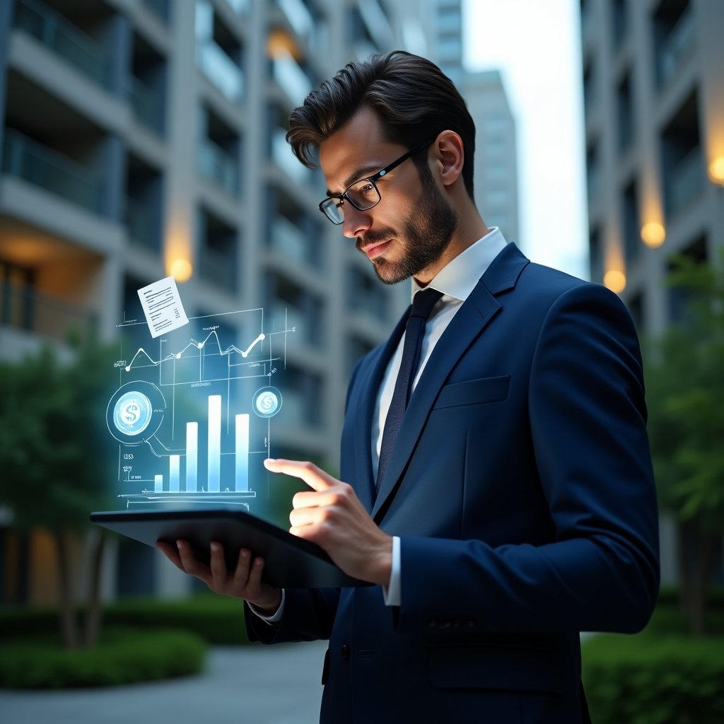 (Ultra-realistic condominium manager in a dark blue suit, set in a modern luxury condominium environment with high-rise buildings and green landscaping, examining a holographic budget report on a transparent tablet while pointing at floating icons of coins and contract documents, confident and thoughtful expression, cinematic lighting, shallow depth of field, highly detailed textures, realistic skin, photographic realism, 8k resolution --ar 1:1 --v 6)
