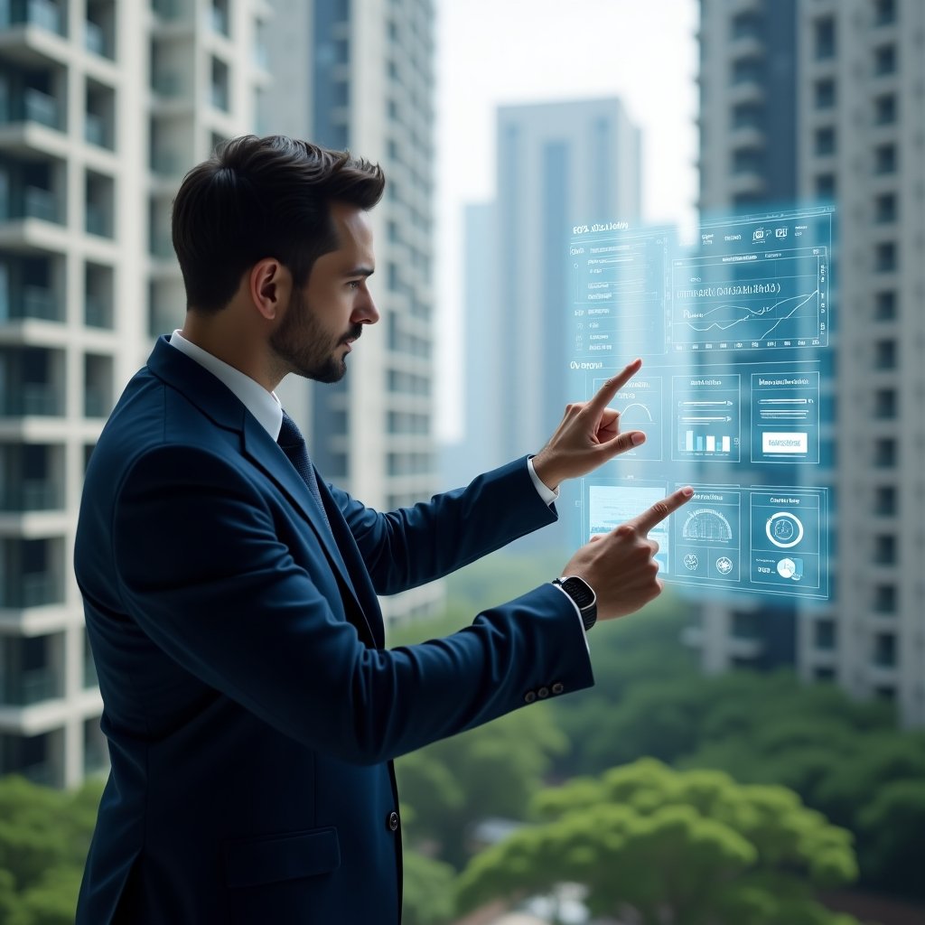 (Ultra-realistic condominium manager in a navy blue tailored suit, set in a modern luxury condominium environment with high-rise buildings and green landscaping, reviewing and pointing at a floating holographic budget dashboard displaying cost-saving charts, contract icons and maintenance schedules, confident and analytical expression, cinematic lighting, shallow depth of field, highly detailed textures, realistic skin, photographic realism, 8k resolution --ar 1:1 --v 6)