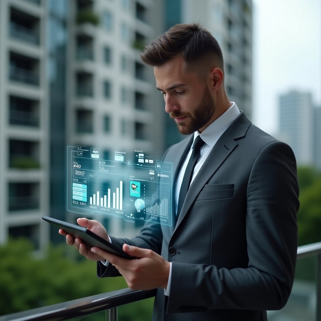 (Ultra-realistic condominium manager in a charcoal gray tailored suit, set in a modern luxury condominium environment with high-rise buildings and green landscaping, reviewing a holographic financial dashboard projected above a tablet with floating money and graph icons, focused and confident expression, cinematic lighting, shallow depth of field, highly detailed textures, realistic skin, photographic realism, 8k resolution --ar 1:1 --v 6)
