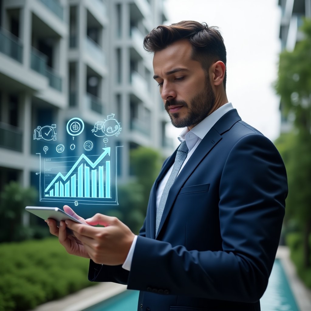 Ultra-realistic condominium manager in a navy blue tailored suit, set in a modern luxury condominium environment with high-rise buildings and lush green landscaping, analyzing cost-reduction data on a transparent holographic screen projected from a sleek tablet, floating icons of charts and currency symbols around him, confident and focused expression, cinematic lighting, shallow depth of field, highly detailed textures, realistic skin, photographic realism, 8k resolution --ar 1:1 --v 6