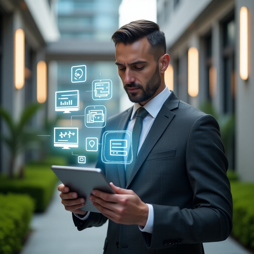 (Ultra-realistic condominium manager in a charcoal gray tailored suit, set in a modern luxury condominium environment with high-rise buildings and manicured green landscaping, holding a sleek tablet at chest level and intently analyzing floating holographic icons representing finances, messaging, maintenance, booking, and dashboards, confident and focused expression, cinematic lighting, shallow depth of field, highly detailed textures, realistic skin, photographic realism, 8k resolution --ar 1:1 --v 6)
