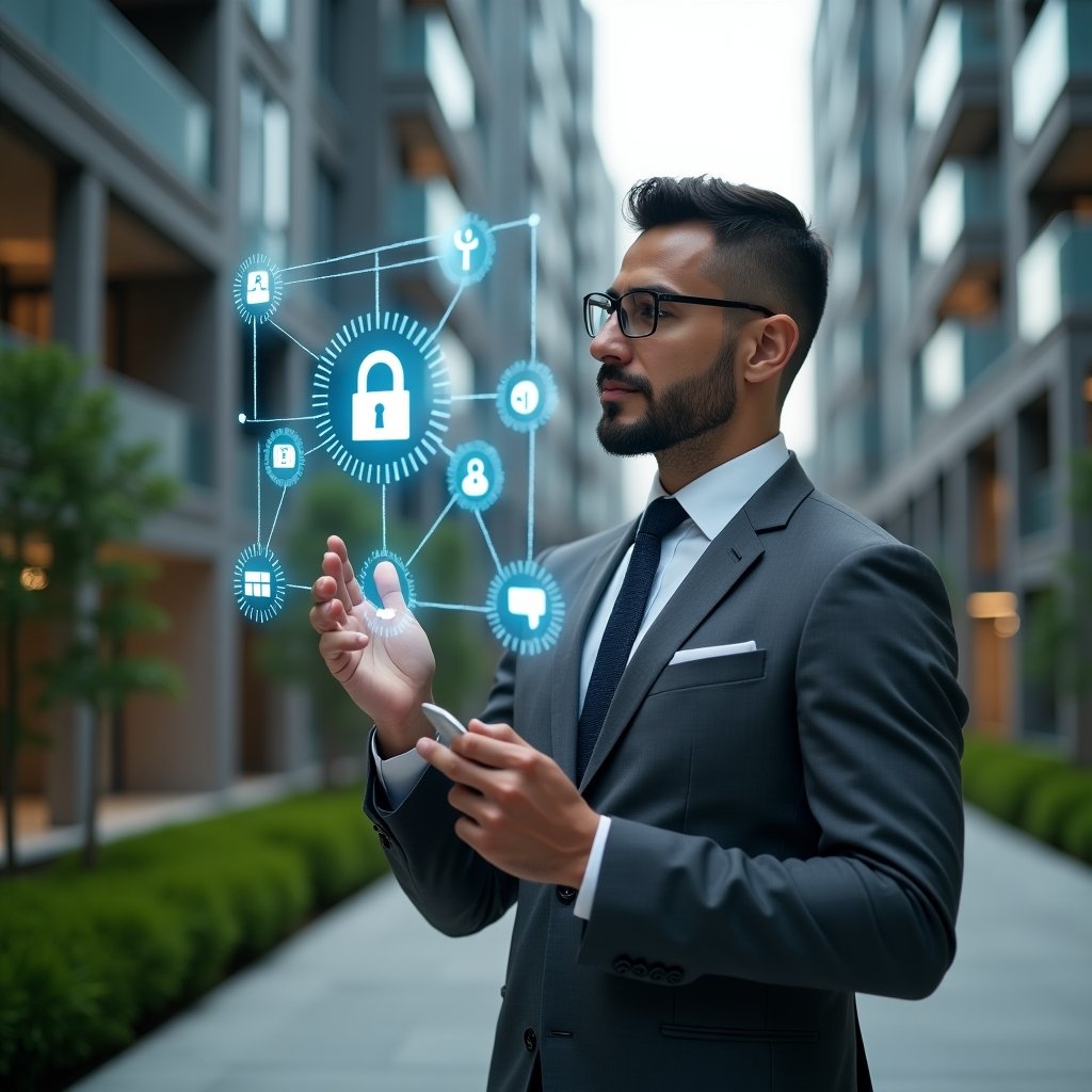 (Ultra-realistic condominium manager in a charcoal gray suit, set in a modern luxury condominium environment with high-rise buildings and manicured green landscaping, holding and analyzing a holographic user interface displaying icons for finance, security, reservations, communication and maintenance, surrounded by floating thematic symbols like a lock, calendar, chat bubble and wrench, confident expression, cinematic lighting, shallow depth of field, highly detailed textures, realistic skin, photographic realism, 8k resolution --ar 1:1 --v 6)