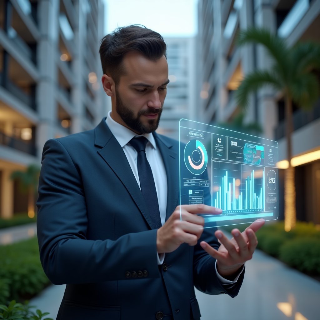 Ultra-realistic property manager in a charcoal blue suit, set in a modern luxury condominium environment with high-rise buildings and meticulously landscaped gardens, examining a floating holographic financial dashboard displaying charts and graphs, confident and focused expression, symbolic glowing icons of pie charts and bar graphs hovering around, cinematic lighting, shallow depth of field, highly detailed textures, realistic skin, photographic realism, 8k resolution --ar 1:1 --v 6