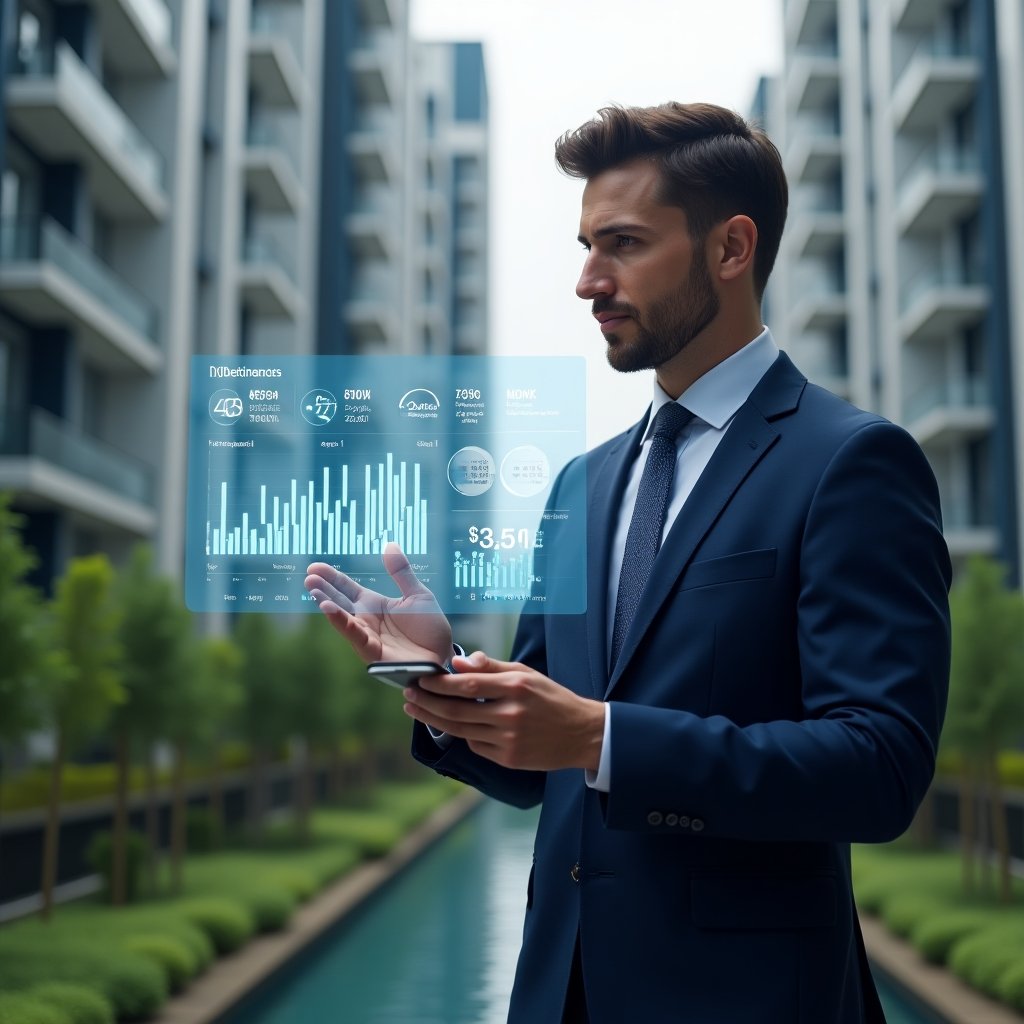 Ultra-realistic condominium manager in a navy blue suit, set in a modern luxury condominium environment with high-rise buildings and meticulously landscaped greenery, examining a holographic financial dashboard with floating expense charts and budget icons, focused and confident expression, cinematic lighting, shallow depth of field, highly detailed textures, realistic skin, photographic realism, 8k resolution --ar 1:1 --v 6