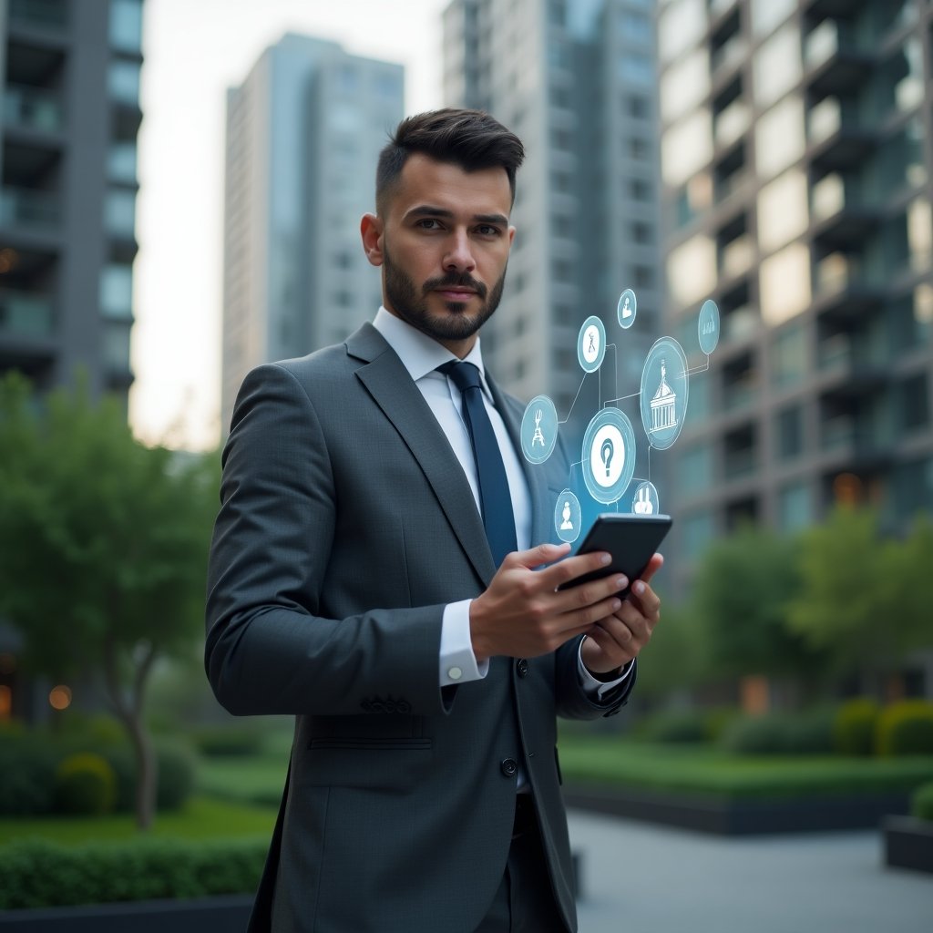 (Ultra-realistic condominium manager in a charcoal gray executive suit, set in a modern luxury condominium environment with high-rise buildings and lush green landscaping, confidently holding a smartphone displaying holographic icons of charts and security shields, demonstrating streamlined processes and enhanced safety, cinematic lighting, shallow depth of field, highly detailed textures, realistic skin, photographic realism, 8k resolution --ar 1:1 --v 6)