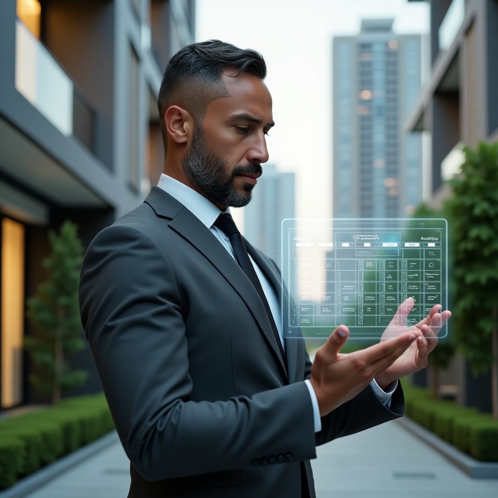 Ultra-realistic condominium manager in a charcoal gray suit, set in a modern luxury condominium environment with high-rise buildings and manicured green landscaping, holding and examining a floating holographic calendar interface with maintenance and event icons, expression focused and confident, cinematic lighting, shallow depth of field, highly detailed textures, realistic skin, photographic realism, 8k resolution --ar 1:1 --v 6